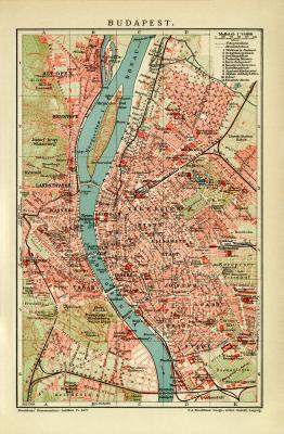Budapest historischer Stadtplan Karte Lithographie ca. 1909