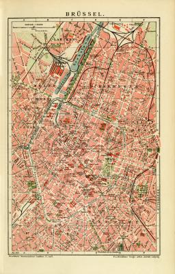 Brüssel historischer Stadtplan Karte Lithographie ca. 1907