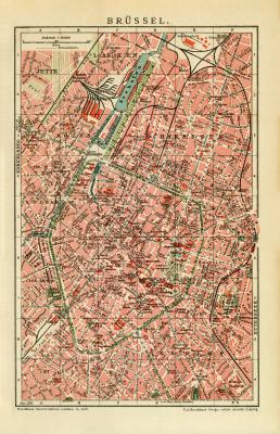 Brüssel historischer Stadtplan Karte Lithographie ca. 1911