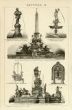 Brunnen I.  - II. historische Bildtafel Holzstich ca. 1898