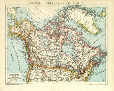 Britisch - Nordamerika und Alaska historische Landkarte Lithographie ca. 1910