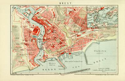Brest historischer Stadtplan Karte Lithographie ca. 1904
