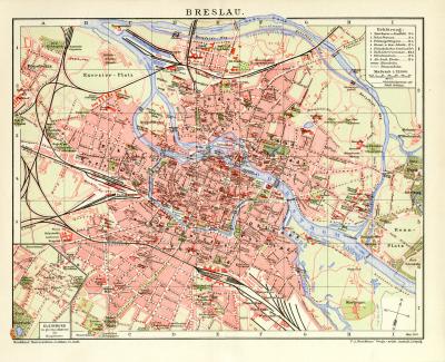 Breslau Stadtplan Lithographie 1907 Original der Zeit