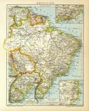 Brasilien Karte Lithographie 1908 Original der Zeit