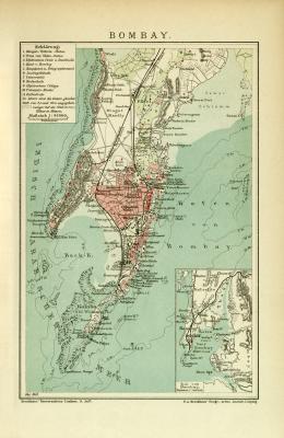 Bombay historischer Stadtplan Karte Lithographie ca. 1907
