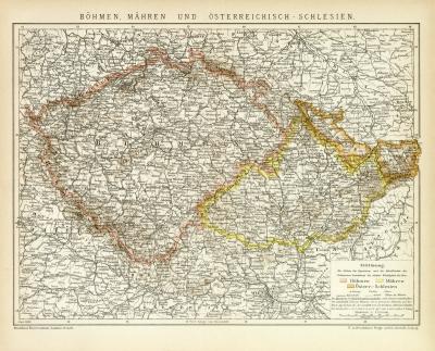 Böhmen Mähren und Österreich - Schlesien historische Landkarte Lithographie ca. 1899
