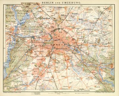 Berlin und Umgebung historischer Stadtplan Karte Lithographie ca. 1900
