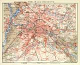 Farbige Lithographie aus dem Jahr 1891 zeigt einen Stadtplan von Berlin und Umgebung im Maßstab 1 zu 110.000.