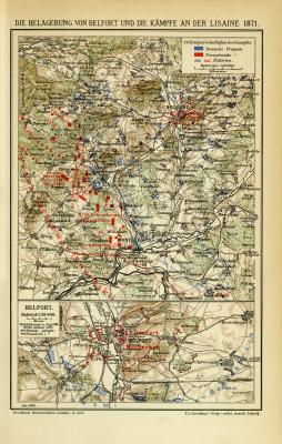 Die Belagerung von Belfort und die Kämpfe an der Lisaine 1871 historische Militärkarte Lithographie ca. 1909