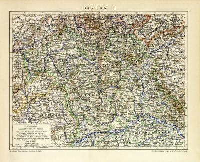 Farbige Lithographie aus dem Jahr 1891 zeigt eine Landkarte von Bayern im Maßstab 1 zu 1.250.000.