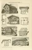 Bauernhäuser I. - II. historische Bildtafel Holzstich ca. 1912