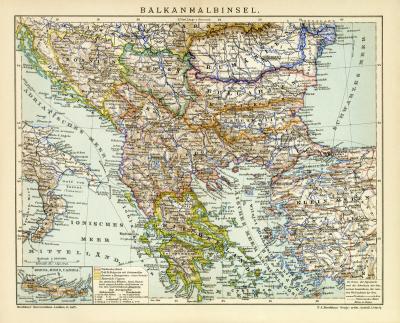 Farrbige Lithographie zeigt eine Landkarte der Balkanhalbinsel im Maßstab 1 zu 5 Millionen.