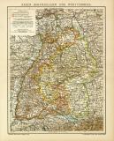 Baden Hohenzollern und Württemberg historische Landkarte Lithographie ca. 1904