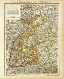 Baden Hohenzollern und Württemberg historische Landkarte Lithographie ca. 1907