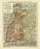 Baden Hohenzollern und Württemberg historische Landkarte Lithographie ca. 1909