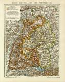 Baden Hohenzollern und Württemberg historische Landkarte Lithographie ca. 1912