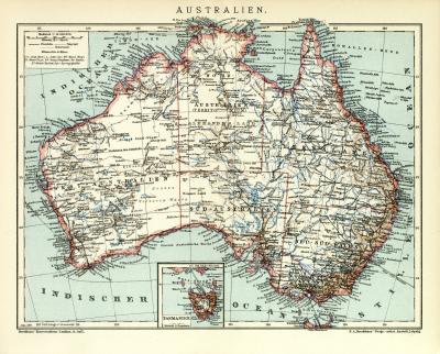 Farbige Lithographie aus dem Jahr 1891 zeigt eine Landkarte von Australien im Maßstab 1 zu 16.000.000.