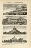 Stich aus 1893 zeigt 4 architektonische Szenen von Weltausstellungen aus dem neunzehnten Jahrhundert, die Rückseite zeigt 6 Szenen.