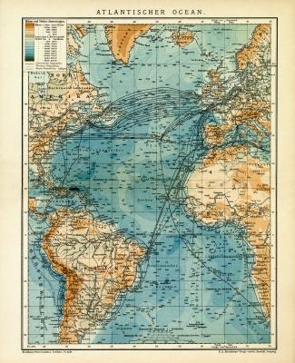 Farbige Lithographie aus dem Jahr 1891 zeigt eine Karte des Atlantischen Ozeans im Maßstab 1 zu 38.000.000.