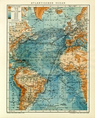 Atlantischer Ocean historische Landkarte Lithographie ca. 1910
