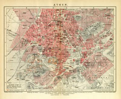 Farbige Lithographie aus dem Jahr 1891 zeigt einen Stadtplan von Athen im Maßstab 1 zu 15.800.