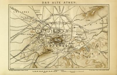 Das alte Athen historische Landkarte Lithographie ca. 1907