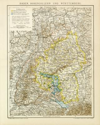 Farbige Lithographie aus dem Jahr 1891 zeigt eine Landkarte von Baden, Hohenzollern und Württemberg im Maßstab 1 zu 1.250.000.