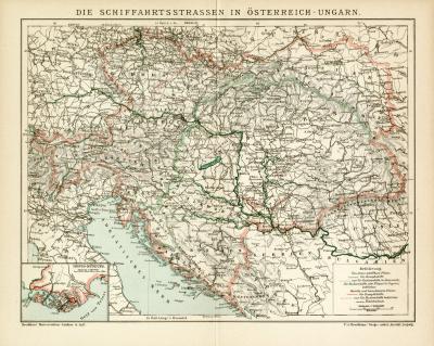 Die Schiffahrtsstrassen in Österreich-Ungarn historische Landkarte Lithographie ca. 1902