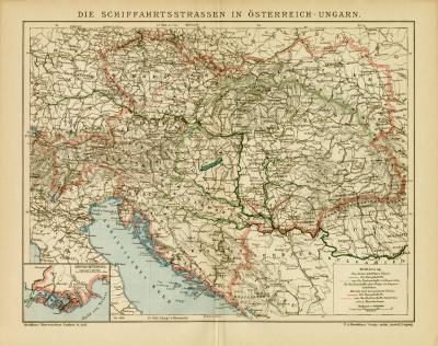 Die Schiffahrtsstrassen in Österreich-Ungarn historische Landkarte Lithographie ca. 1903